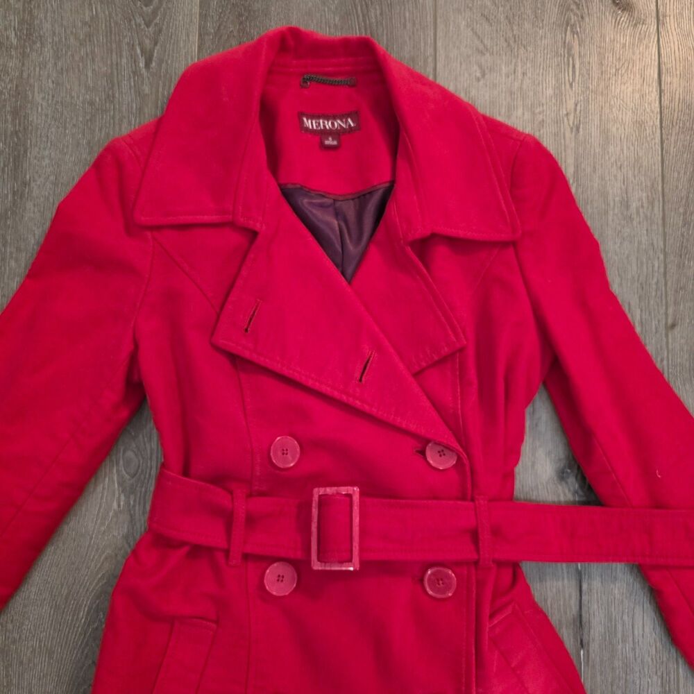 MERONA Red Womens Belted Trench Coat Midi Size S NWT Y2K Sleek Career - Picture 2 of 6